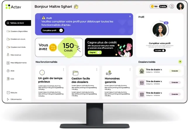 Dashboard avocat sur Actav Suite — dossiers de cession de fonds de commerce préstructurés, messagerie confidentielle, signature électronique via CNB