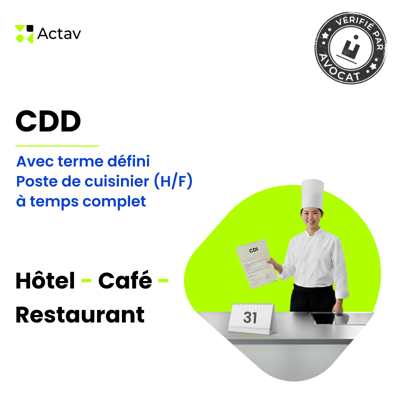 CDD cuisinier(ère) avec terme défini - Temps complet (Café-Hôtel-Restaurant)