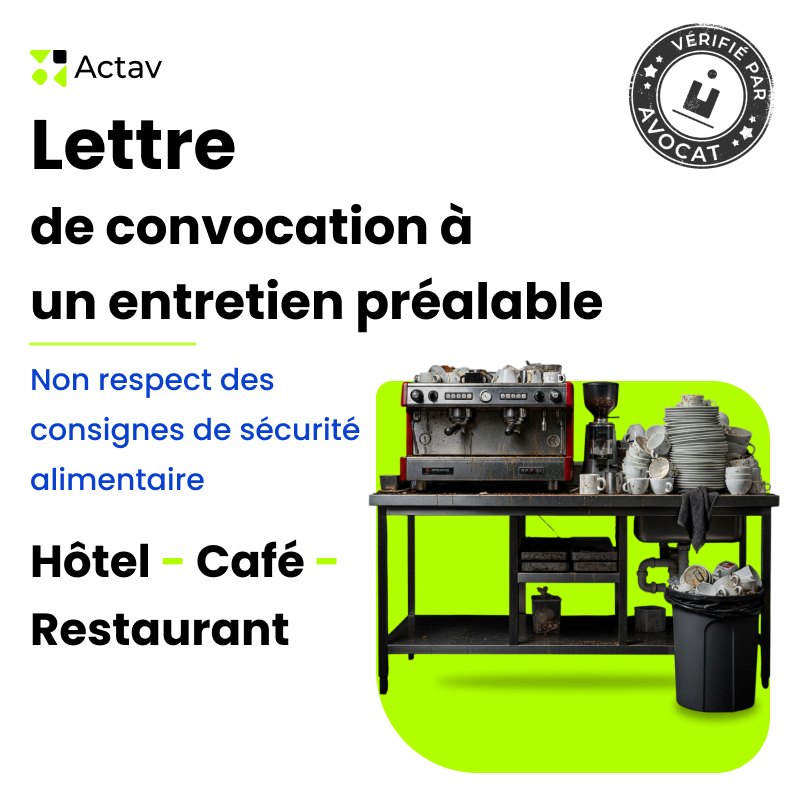Lettre de convocation à un entretien préalable pour non-respect des consignes de sécurité alimentaire (Café-Hôtel-Restaurant)