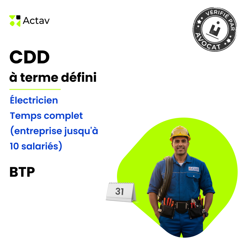 Modèle CDD à terme défini pour électricien (H/F) - Temps complet - BTP (entreprise jusqu'à 10 salariés)