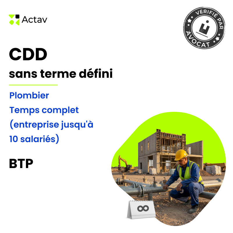 Modèle CDD sans terme défini pour plombier (H/F) - Temps complet - BTP  (entreprise jusqu'à 10 salariés)