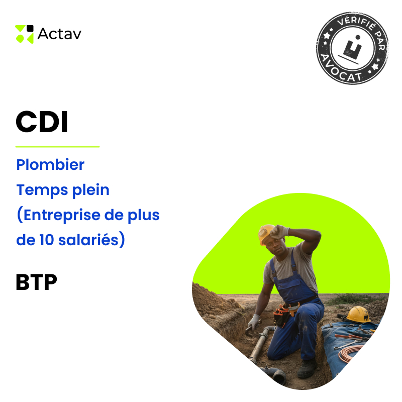 Modèle CDI temps plein pour plombier (H/F) - BTP ( entreprise de plus de 10 salariés)