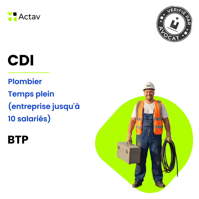 Modèle CDI temps plein pour plombier (H/F) - BTP (entreprise jusqu'à 10 salariés)