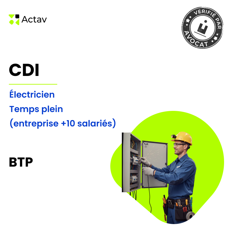 Modèle CDI temps plein pour électricien (H/F) - BTP (entreprise de plus de 10 salariés)