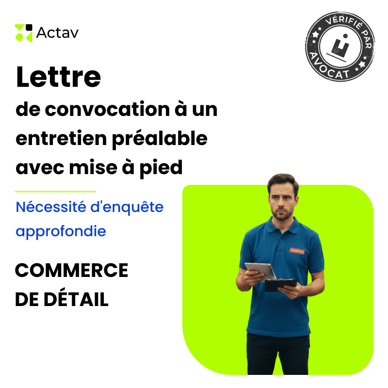 Lettre de convocation à un entretien préalable/mise à pied conservatoire pour nécessité d’enquête approfondie - Commerce de détail