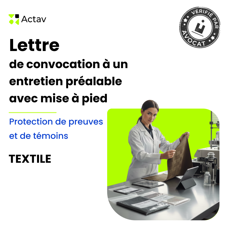 Lettre de convocation à un entretien préalable/mise à pied conservatoire pour protection de preuves et de témoins - Textile
