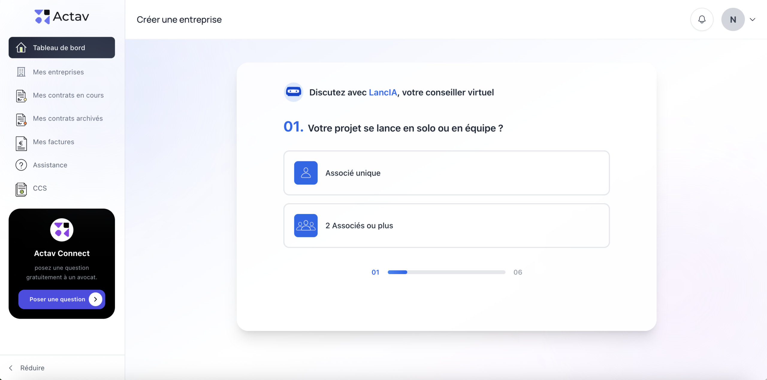 Interface LancIA — diagnostic création entreprise avec avocat sur Actav