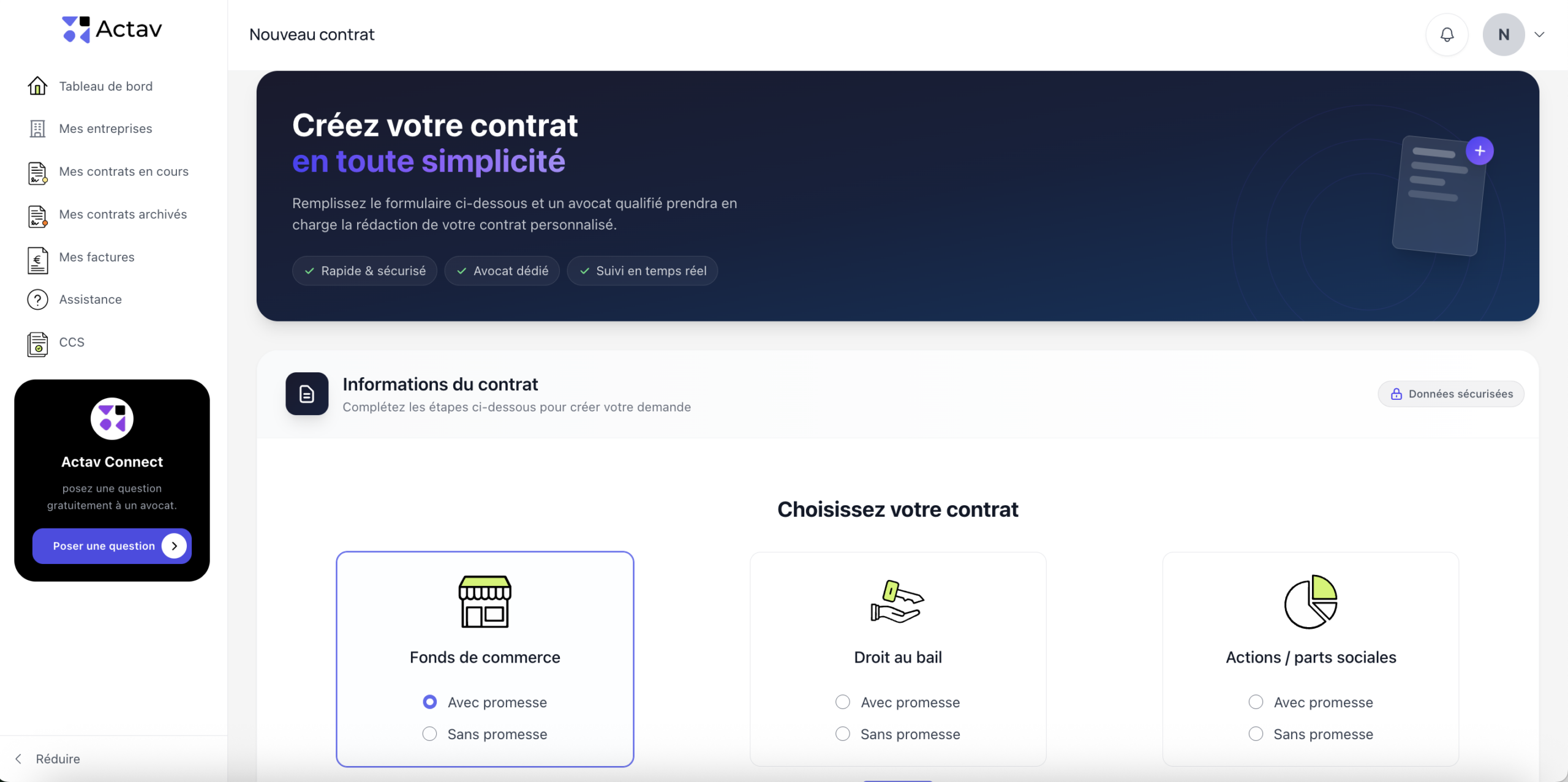 Interface Actav Suite — cession entreprise avec avocat dédié