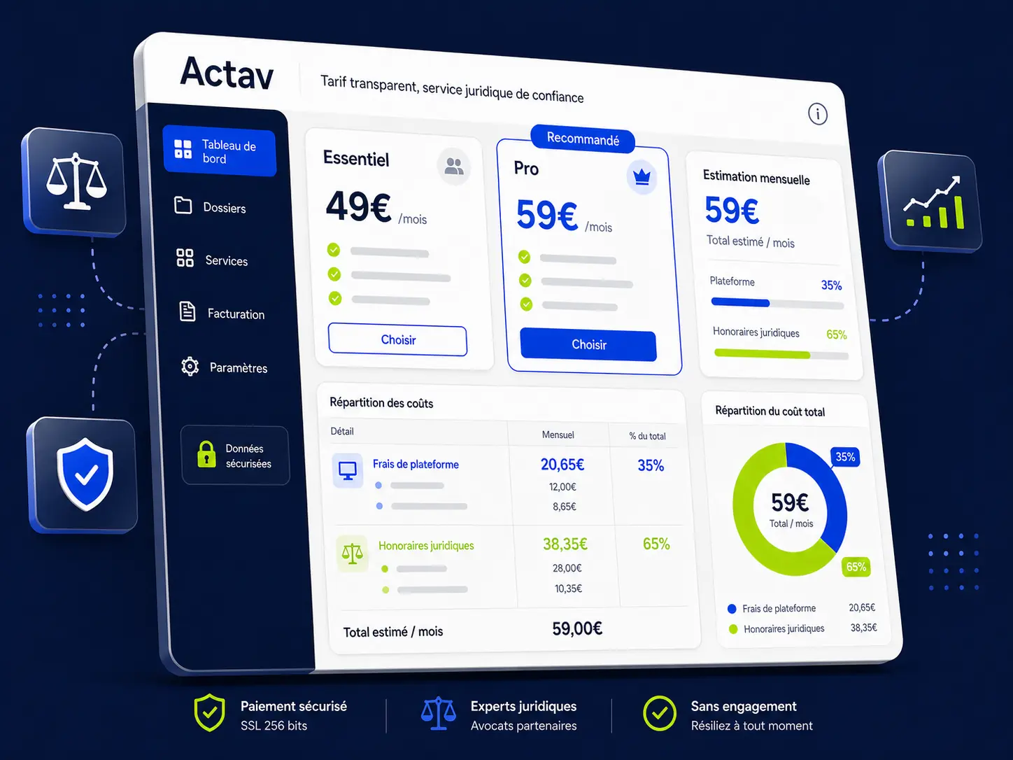 Interface de tarification Actav — Dashboard de pricing avec répartition des coûts, formules Essentiel et Pro