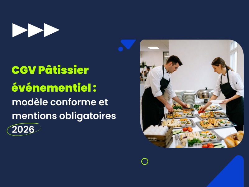 CGV pâtissier événementiel 2026 — modèle conforme pièces montées, wedding cakes, mignardises