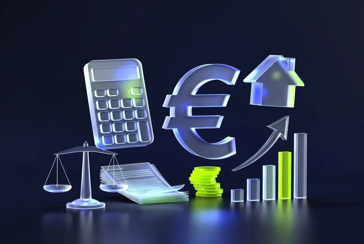 Simulateur en ligne Actav : calculatrice, symbole euro, maison, balance de justice et graphique en 3D
