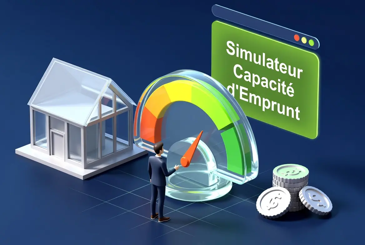 Calcul capacité d'emprunt avec revenu locatif : illustration 3D d'un simulateur immobilier Actav avec maison, jauge de capacité d'emprunt, pièces de monnaie et écran Simulateur Capacité d'Emprunt