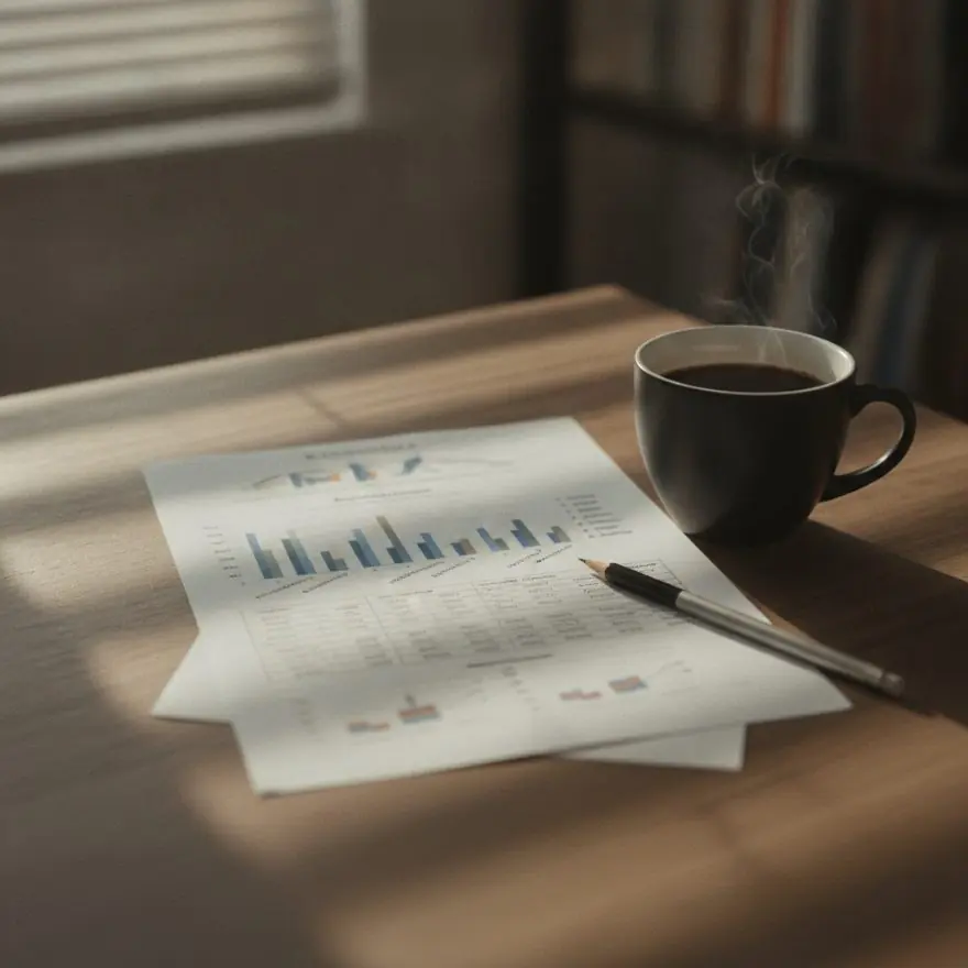Feuille de graphiques des défaillances d’entreprises et tasse de café — Baromètre Actav Vigilance