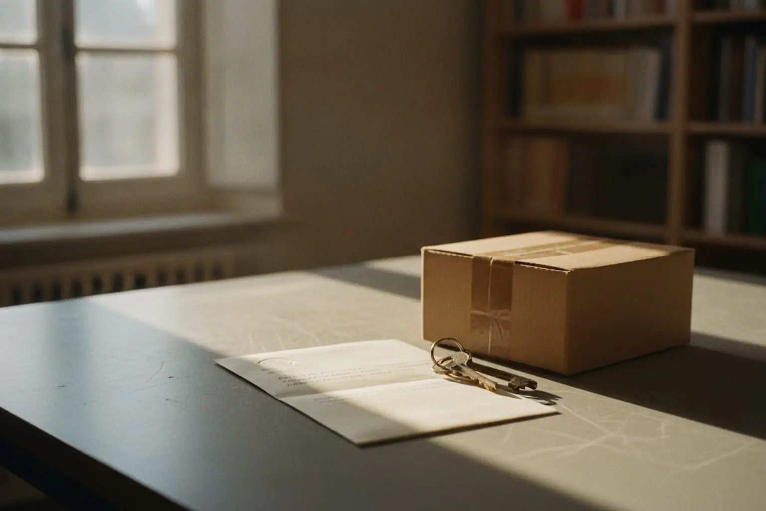 Délai de préavis : lettre posée sur un carton de déménagement et trousseau de clés