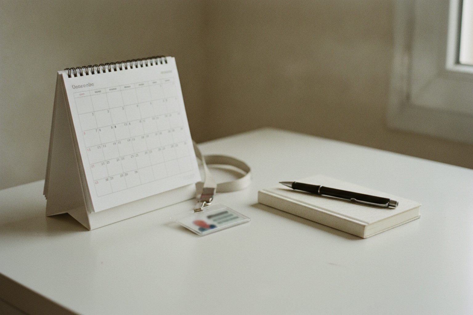 Délai de prévenance période d'essai : calendrier de bureau et badge d'entreprise