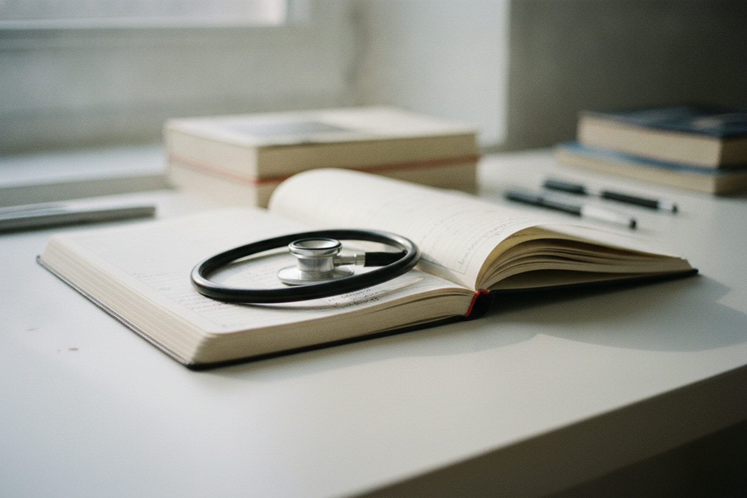 Visite médicale du travail : stéthoscope posé à côté d'un agenda