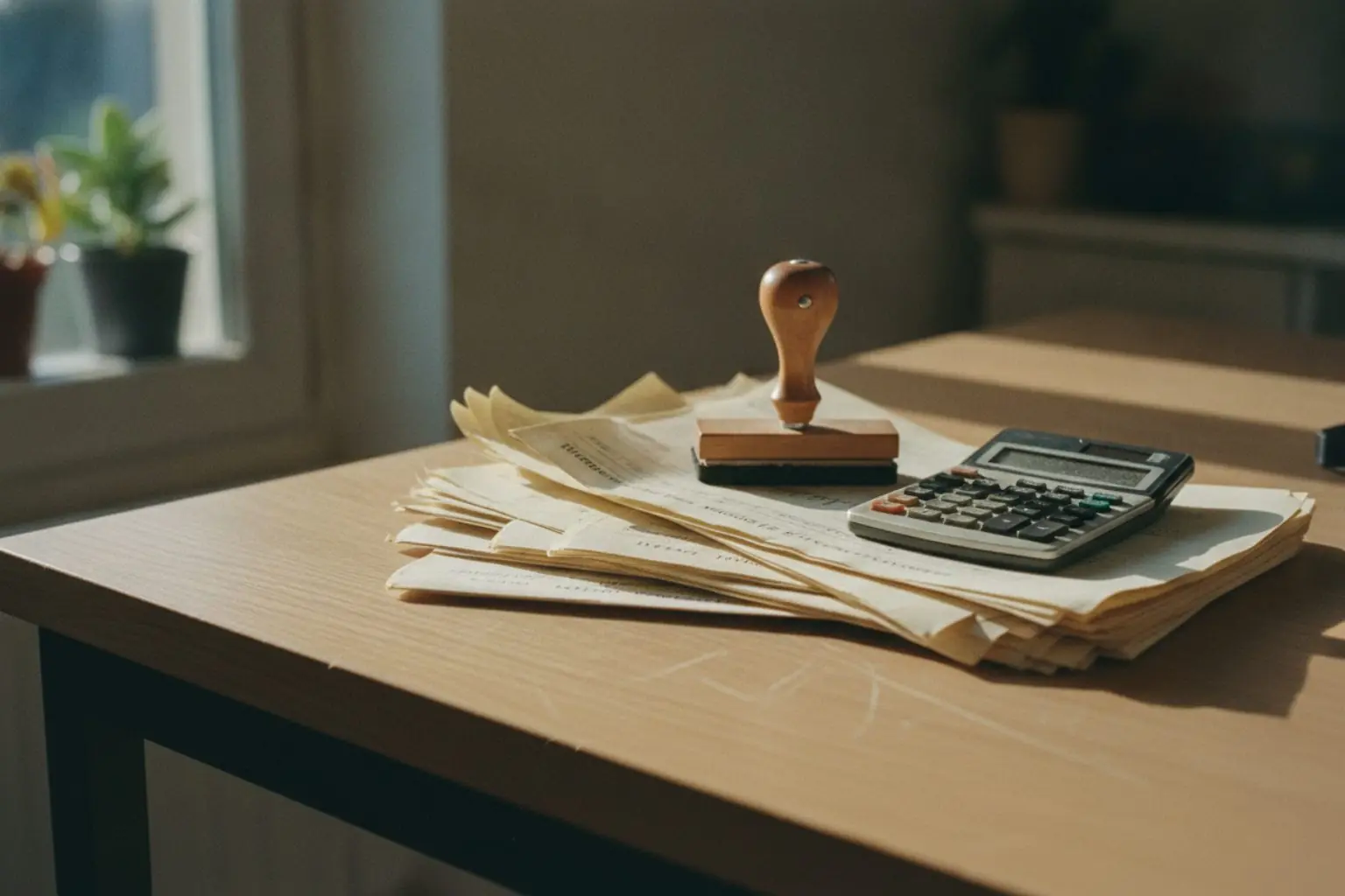 Prescription facture impayée : pile de factures, tampon dateur et calculatrice