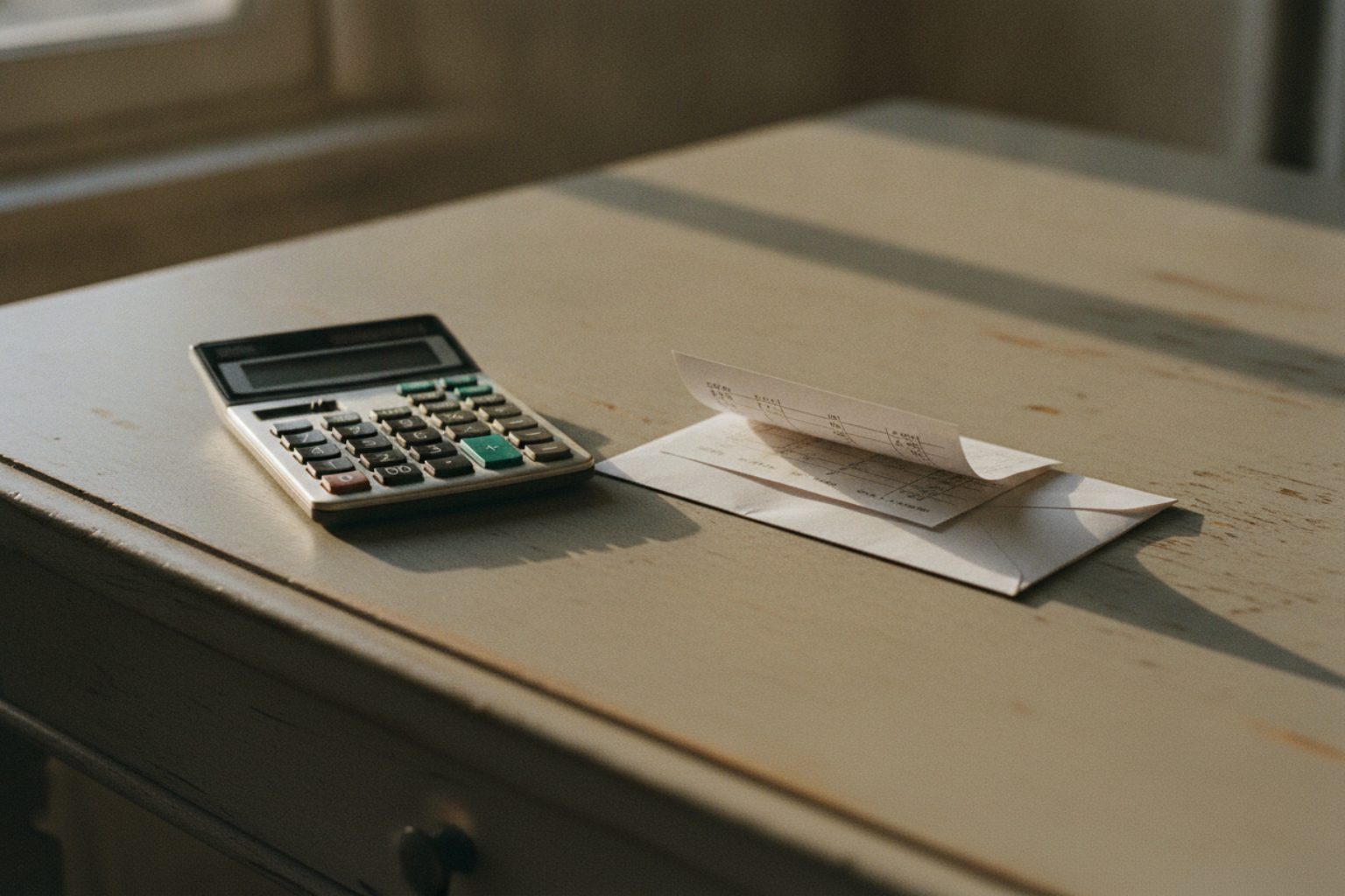 Solde de tout compte : enveloppe, bulletins et calculatrice sur un bureau