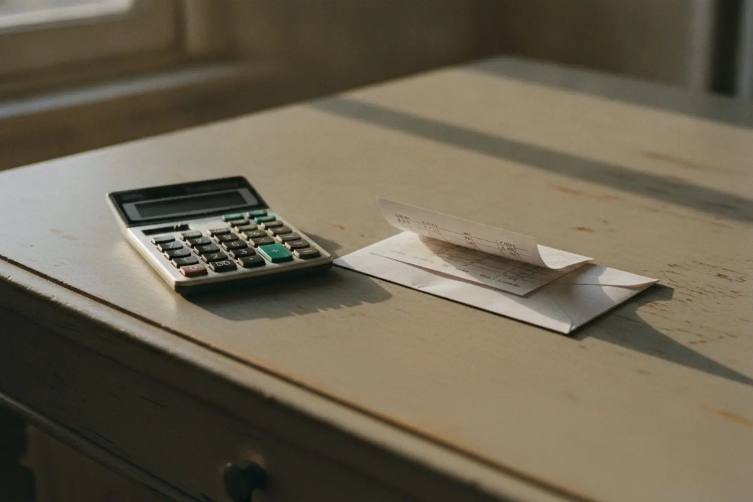 Solde de tout compte : enveloppe, bulletins et calculatrice sur un bureau