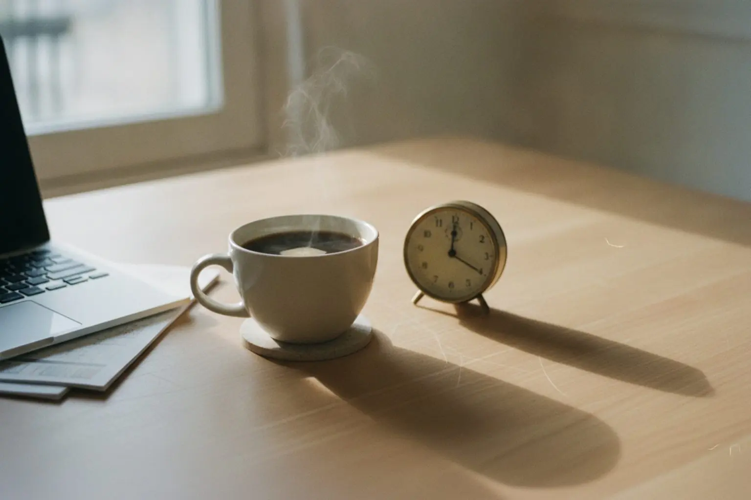 Temps de pause au travail : tasse de café et horloge à côté du poste de travail