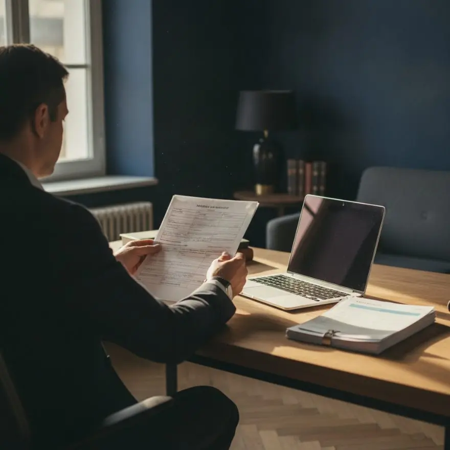 Professionnel examinant une publication officielle à son bureau — alerte procédures collectives Actav Vigilance