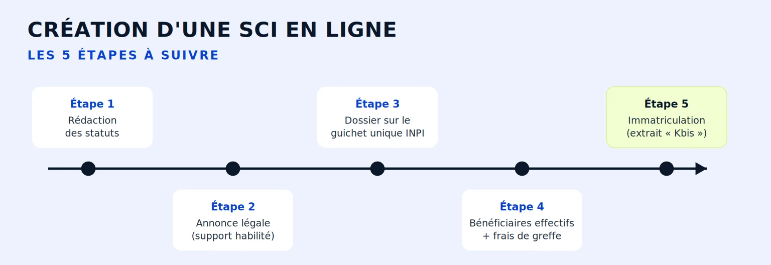 Création d'une SCI en ligne : les 5 étapes à suivre — rédaction des statuts, annonce légale, dossier sur le guichet unique INPI, bénéficiaires effectifs et frais de greffe, immatriculation (extrait Kbis)